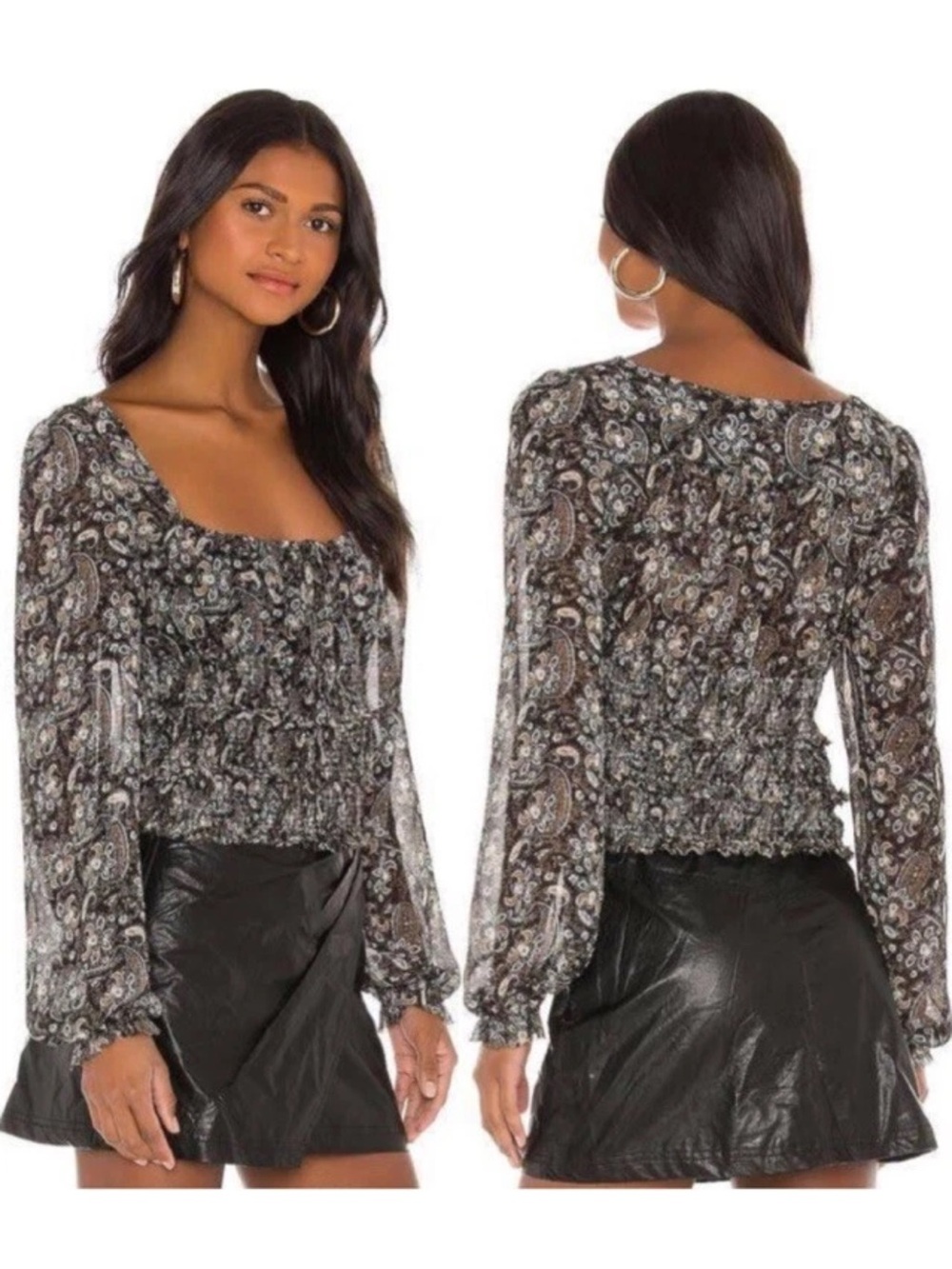 Free People Lolita Paisley Peasant Blouse Dark Combo Smocked Boho Top *M